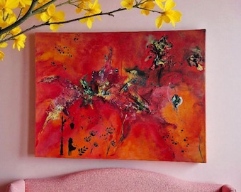 Whispers in Red – Textured Abstract Painting with Silhouette Girl and Fiery Energy”