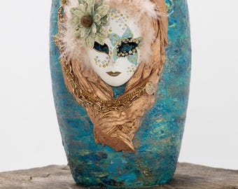Venetian Dreams Vase, Mixed Media Art Vase with Mask, Handmade Decorative Vase, Statement Baroque Home Decor