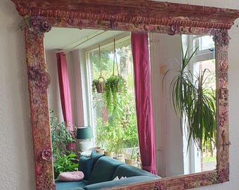 Antique Statement Mirror – Large Mixed Media Wall Art with Floral Embellishments & Inspirational Words,