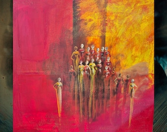 Gathering in Firelight – Large Mixed Media Abstract Figurative Painting, Textured Canvas Wall Art