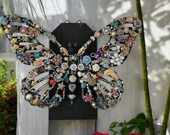 Butterfly Treasures – Mixed Media Metal Butterfly with Vintage Jewelry & Textured Wall Art