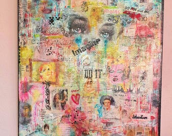 Moodboard of Whispers – Large Mixed Media Pop Art Collage on Canvas, Colorful Contemporary Wall Art 120 × 100 cm