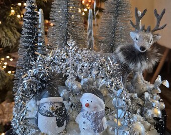 Silver Christmas Scene – Winter Wonderland Decoration with Trees, Snowman, Penguin, Deer and light.