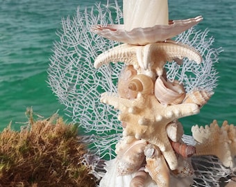Seashell Tower Centerpiece with Starfish – Handmade Soy Wax Candle Coastal Decor, 21 × 17 cm