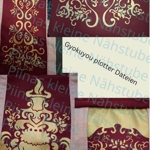 Könnte beinhalten: Eine Collage aus Stoffstücken mit goldenen und bordeauxfarbenen Designs. Die Designs umfassen florale und abstrakte Muster. Der Text "Gyokuyou plotter Dateien" ist sichtbar. Die Stoffstücke sind wahrscheinlich für Bastel- oder Nähprojekte gedacht.