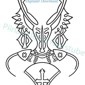 May include: Black and white line art design featuring a stylized emblem with a central vertical element, flanked by symmetrical shapes and decorative details. The design includes text: Drakengard 3 - Zero SVG Set, 4 Dateien - LineArt, Digitaler Download, SVG - PNG - PDF.