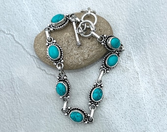 Turquoise Sterling Silver Link Bracelet: Boho Southwest Jewelry