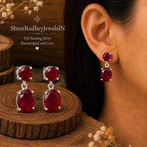 Ruby Red Earrings, 925 Sterling Silver Dangle Earrings, Red Gemstone Drop Earrings, Oval Ruby Earrings, Handmade Jewelry Gift for Her