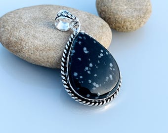 Sterling Silver Snowflake Obsidian Pendant: Teardrop Boho Necklace