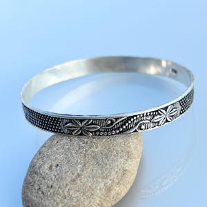 Handmade Oxidized Sterling Silver Bangle: Floral Boho Bracelet