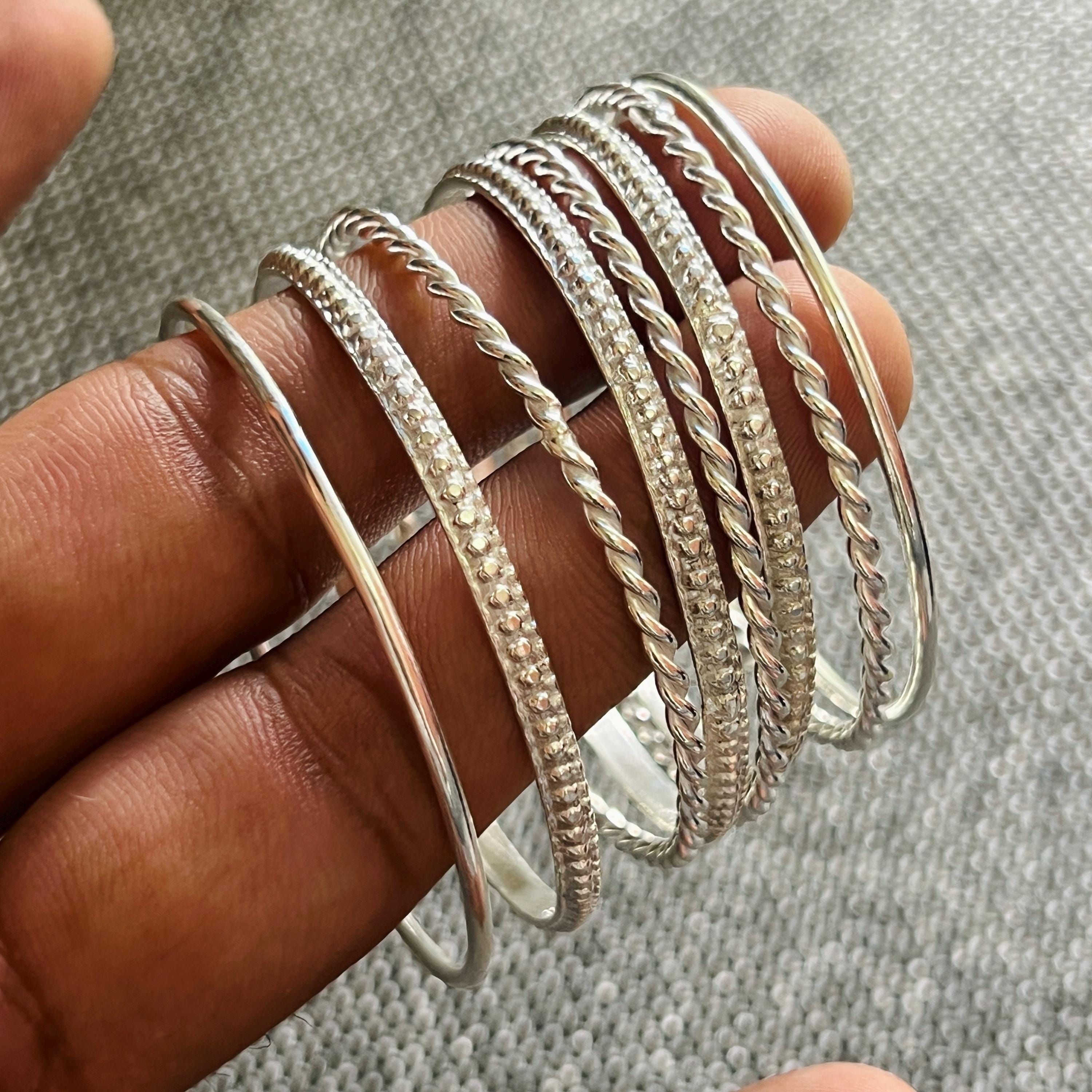 Handmade Sterling Silver Bangle Set: Twisted & Beaded Stackable