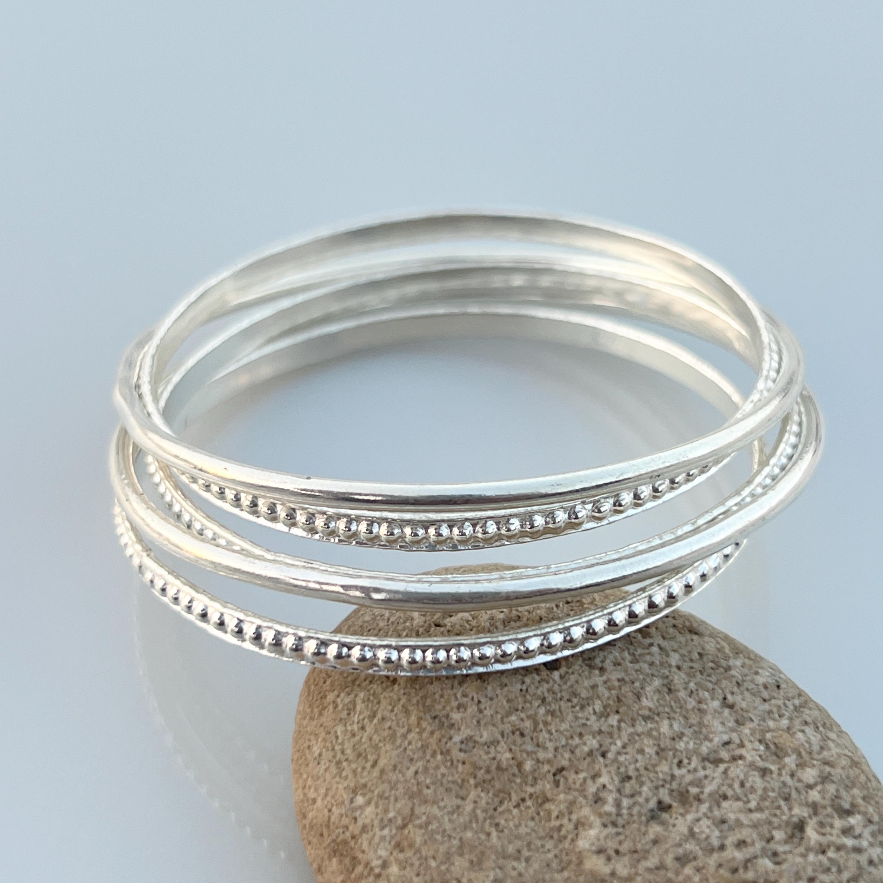 Stacking Bangles Sterling Silver Stacking Bangles Set: Beaded & Smooth Texture - Etsy