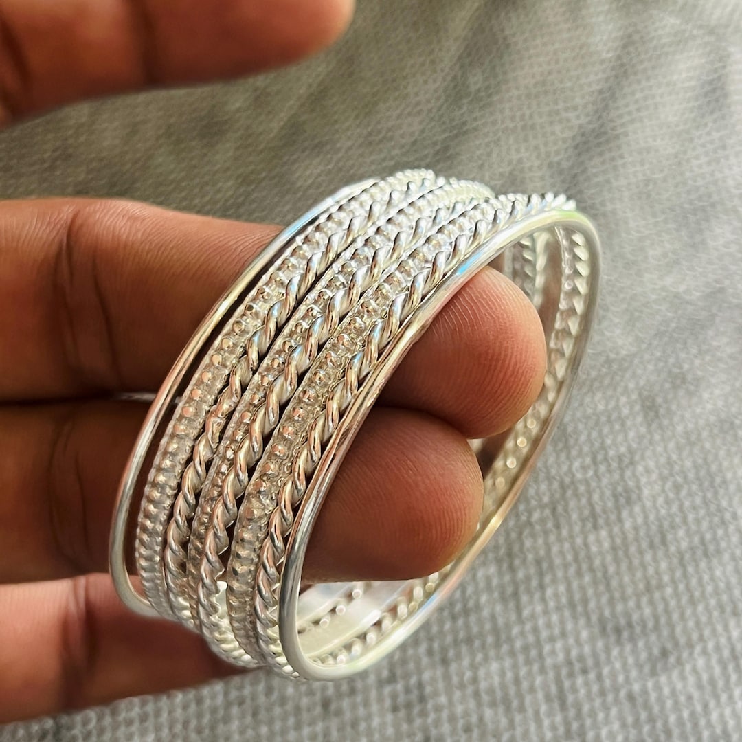 Handmade Sterling Silver Bangle Set: Twisted & Beaded Stackable