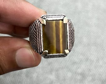 Men's Tiger Eye 925 Sterling Silver Ring: Intricate Boho Statement