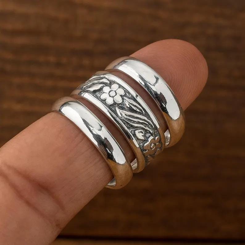 Handmade 925 Sterling Silver Stacking Ring Set Floral Design - Etsy