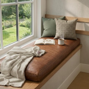 May include: A window seat with a brown leather cushion, two pillows, a blanket, an open book, glasses, and a mug. The pillows are green and patterned. The blanket is cream-coloured. The scene is bathed in natural light, creating a relaxing atmosphere.