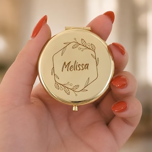 Personalized Engraved Compact Mirror, Custom Name Makeup Mirror for Purse, Monogram Floral Pocket Mirror, Bridesmaid Wedding Birthday Gift