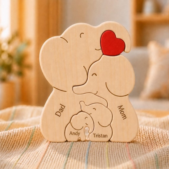 Wooden elephant family puzzle with custom-carved names — a charming, tactile keepsake that doubles as nursery decor and feels genuinely handcrafted.
