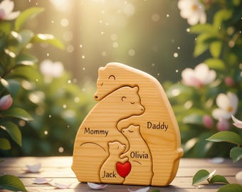 Personalized Wooden Bear Family Puzzle – Custom Names Keepsake | Baby Shower, Newborn & Christening Gift | Nursery, Kids Room , Family Decor