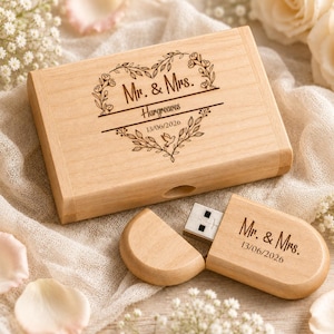 Personalisierter USB-Stick aus Holz mit Box, Speicherstick mit individueller Logogravur, Aufbewahrung für Hochzeitsfotos, ovaler Holz-USB-Stick, Geschenk für Fotografen