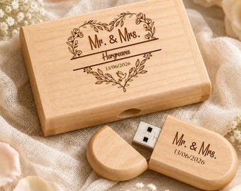 Personalised Wooden USB Drive with Box, Custom Logo Engraved Memory Stick, Wedding Photo Storage, Oval Wood Flash Drive, Photographer Gift