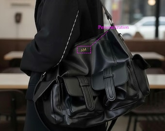 Large Capacity Multi-Pocket Crossbody Bag, Personalized Name Initials, PU Leather Shoulder Bag, Punk Y2K Style Bag, Travel Messenger Bag