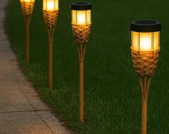 Solar Bamboo Flame Torch 4pcs  - Outdoor Garden Decorative Torch Lamp , Flickering LED Solar lamp for Yard, Patio & Pathway.