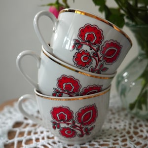 Vintage Ternopil Porcelain Tea Cup Red Floral Pattern Gold Trim Ukraine