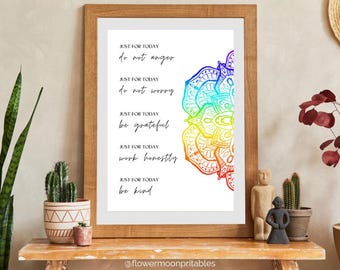 Reiki Principles Print: Colourful Mandala Spiritual Wall Art (Digital Download)