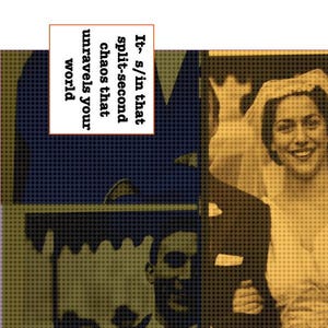 May include: A sepia-toned vintage photograph. A person in a white dress and veil smiles. The image includes text that reads: "It's in that split-second chaos that unravels your world."