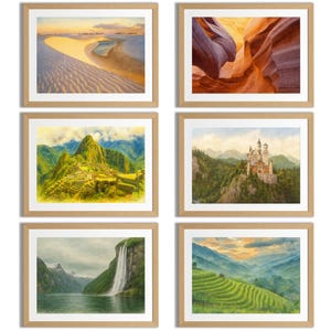 Travel Wall Art Set – Watercolor Landscapes of Famous World Wonders & Nature Scenes for Home Decor Gallery Walls