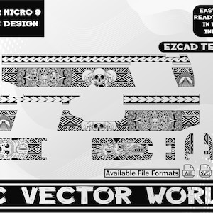 May include: Black and white Aztec design for a Kimber Micro 9. The design includes geometric patterns, skulls, and Aztec symbols. The image also includes the text "KIMBER MICRO 9 AZTEC DESIGN", "EASY TO USE READT TO OPEN IN EZCAD/INKSPACE", "EZCAD TESTED", "Available File Formats", and "AC VECTOR WORLD".