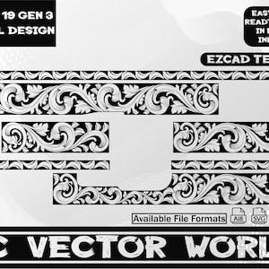 May include: Black and white scroll design elements for Glock 19 Gen 3. The design includes various decorative borders and shapes with floral and swirl patterns. Text includes "EZCAD TESTED" and "AC VECTOR WORLD".