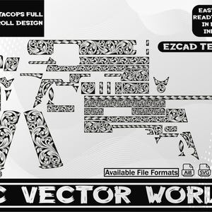Puede incluir: Diseño vectorial en blanco y negro para un diseño de desplazamiento de tamaño completo SIG 1911 Tacops. La imagen incluye varios componentes con volutas florales y el texto "EZCAD TESTED" y "AC VECTOR WORLD".