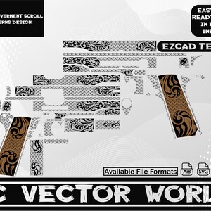 Op de afbeelding: Een digitaal ontwerp voor een Colt 1911 met een scroll- en patroonontwerp. Het ontwerp bevat verschillende bestandsformaten en is gelabeld "EZCAD TESTED". De tekst "AC VECTOR WORLD" is ook aanwezig.