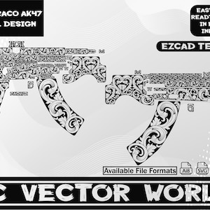 May include: Black and white scroll design of a Mini Draco AK47. The image includes the text "MINI DRACO AK47 SCROLL DESIGN", "EASY TO USE READT TO OPEN IN EZCAD/INKSPACE", "EZCAD TESTED", "Available File Formats Ai8 SVG DXF PNG", and "AC VECTOR WORLD".
