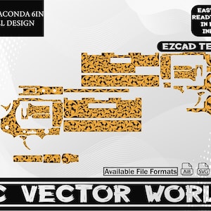 May include: A Colt Anaconda 6-inch scroll design in gold and black. The design features floral patterns. The image includes the text "EASY TO USE READT TO OPEN IN EZCAD/INKSPACE" and "EZCAD TESTED". The image also includes the text "Available File Formats Ai8 SVG DXF PNG" and "AC VECTOR WORLD".