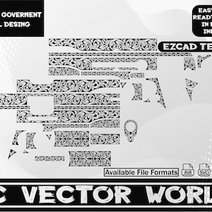 May include: A collection of black and white vector files for a Colt 1911 firearm, featuring intricate scroll designs. The image includes text that reads "COLT 1911 GOVERMENT SCROLL DESING" and "EZCAD TESTED". Available file formats are listed.