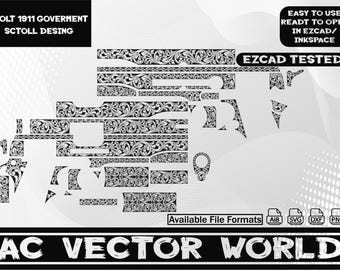 Fichier de conception Svg Colt 1911, volutes Svg, fichier Svg du gouvernement Colt, conception de défilement Svg. Conception de gravure au laser.