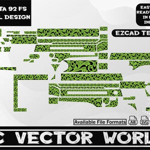 May include: A Beretta 92 FS scroll design in a vector format. The design features a black and green floral pattern. Text includes "BERETTA 92 FS SCROLL DESIGN", "EASY TO USE READT TO OPEN IN EZCAD/ INKSPACE", "EZCAD TESTED", "Available File Formats", and "AC VECTOR WORLD".