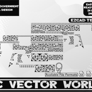 Op de afbeelding: Zwart-wit vectorontwerp voor een Colt 1911 Government pistool met een scrollpatroon. De afbeelding bevat tekst met de tekst "COLT 1911 GOVERNMENT SCROLL DESIGN", "EASY TO USE READT TO OPEN IN EZCAD/ INKSPACE", "EZCAD TESTED" en "AC VECTOR WORLD".