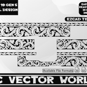 Puede incluir: Elementos de diseño de desplazamiento en blanco y negro para una Glock 19 Gen 5. El diseño incluye varios patrones florales y ornamentales, con el texto "GLOCK 19 GEN 5 SCROLL DESIGN" y "AC VECTOR WORLD". La imagen también indica "EASY TO USE READT TO OPEN IN EZCAD/INKSPACE".