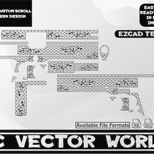 May include: A black and white vector design for a Colt 1911 with custom scroll and pattern details. The design includes text that reads "COLT 1911 CUSTOM SCROLL AND PATTERN DESIGN" and "EZCAD TESTED". Available file formats include Ai8, SVG, DXF, and PNG.