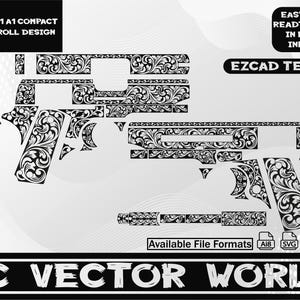 Könnte beinhalten: Schwarz-weiß Vektordesign für ein Colt M 1911 A1 Compact Modell mit einem Scroll-Design. Das Bild enthält Text mit der Aufschrift "COLT M 1911 A1 COMPACT MODEL SCROLL DESIGN" und "AC VECTOR WORLD". Kompatibel mit EZCAD und Inkspace.