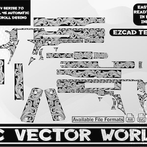 May include: Black and white vector design of a Colt MK IV Serise 70 GVMT Model 45 automatic caliber scroll design. The image includes the text "EZCAD TESTED" and "Available File Formats".