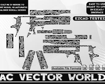 Conception de gravure par défilement Colt 1911, fichiers découpés au laser (svg, ai, png, dxf)