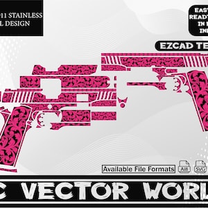 May include: A pink and black Taurus 1911 stainless scroll design. The design is floral and covers the entire gun. The image includes the text "TAURUS 1911 STAINLESS SCROLL DESIGN", "EASY TO USE READT TO OPEN IN EZCAD/ INKSPACE", "EZCAD TESTED", "Available File Formats Ai8 SVG DXF PNG", and "AC VECTOR WORLD".