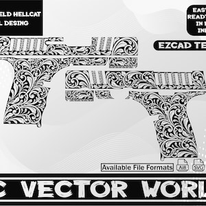 以下が含まれることがあります： 黒と白のSpringfield Hellcatピストルのデザイン2つ。スクロールワークが施されています。画像には「SPRINGFIELD HELLCAT SCROLL DESING」、「EASY TO USE READT TO OPEN IN EZCAD/ INKSPACE」、「EZCAD TESTED」、「AC VECTOR WORLD」というテキストが含まれています。