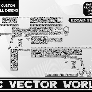 May include: Black and white vector design for a Colt 1911 with scroll detailing. The design includes multiple parts and the text "Colt 1911 CUSTOM SCROLL DESING". The image also includes the text "EASY TO USE READT TO OPEN IN EZCAD/ INKSPACE" and "EZCAD TESTED".