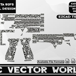 May include: Black and white scroll design for a Beretta 92FS. The design is broken down into multiple pieces. The image includes the text "BERETTA 92FS SCROLL DESIGN", "EASY TO USE READT TO OPEN IN EZCAD/ INKSPACE", "EZCAD TESTED", "Available File Formats Ai8 SVG DXF PNG", and "AC VECTOR WORLD".